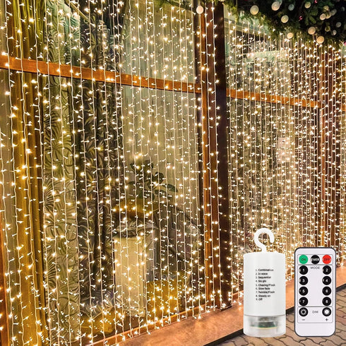 echosari 300 LED Curtain Lights Battery Operated, 9.8ft9.8ft Hanging Light with Remote