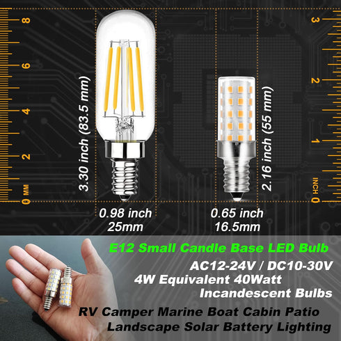 12V E12 LED Candelabra Bulb, 40W Equivalent Warm White 2700K, 4W 450Lm Low Voltage for RV Camper Marine Boat, 4-Pack
