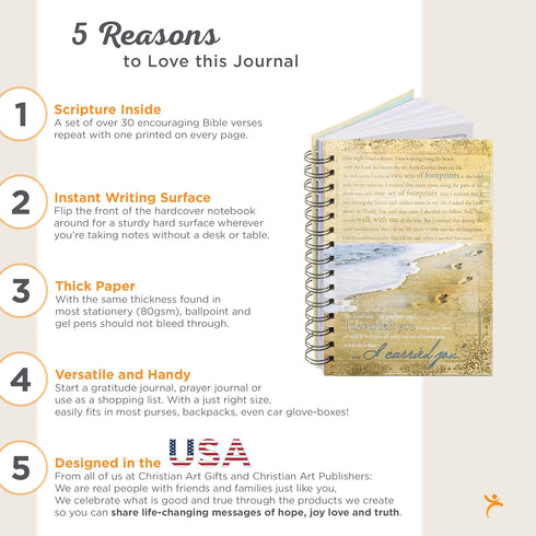 Hardcover Journal Footprints In The Sand Poem Beach Inspirational Wire Bound Notebook w/192 Lined Pages, Large