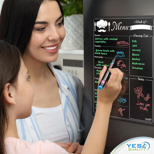 Magnetic Dry Erase Black Menu Board (16 x 12") for Fridge, Weekly Meal Planner with 4 Neon Chalk Markers & Cloth Eraser