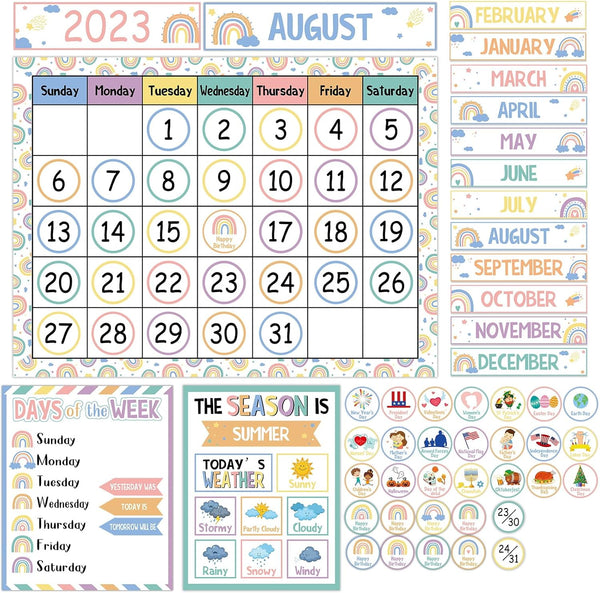 Boho Rainbow Calendar Bulletin Board Set with Colorful Pastel Cutouts for Classroom, Kindergarten, and Office Decoration