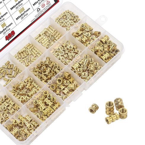 DYWISHKEY 400 Pieces M2 M3 M4 M5 Female Thread Knurled Nuts Brass Threaded Insert Assortment Kit