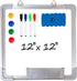 Whiteboard Set - White Board 12 x 12" with 1 Magnetic Eraser, 4 Dry Erase Marker Pens, Small Message Eraseboard
