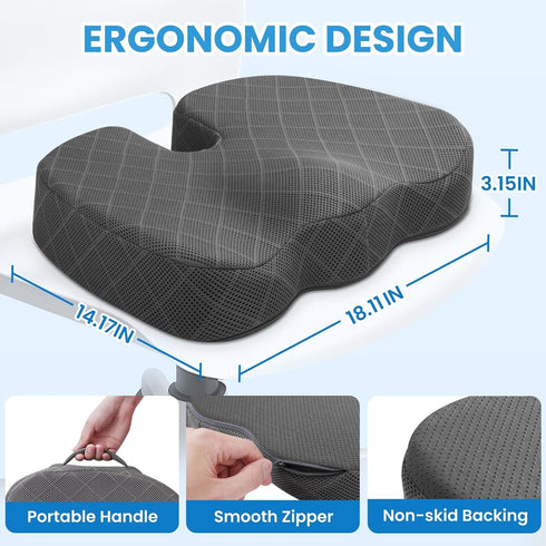 TushGuard Seat Cushion - Memory Foam Cushion for Office Chair, Car Seat, Airplane, Bleacher - Sciatica & Hip & Coccyx