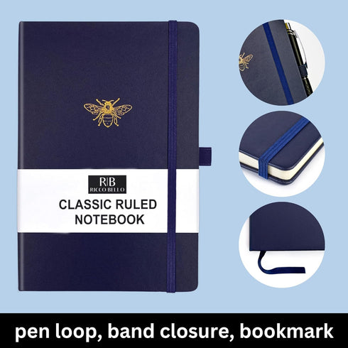 RICCO BELLO Classic College Ruled Notebook, Faux Leather Hardcover Lined Writing Journal for Work, Home, School, 192