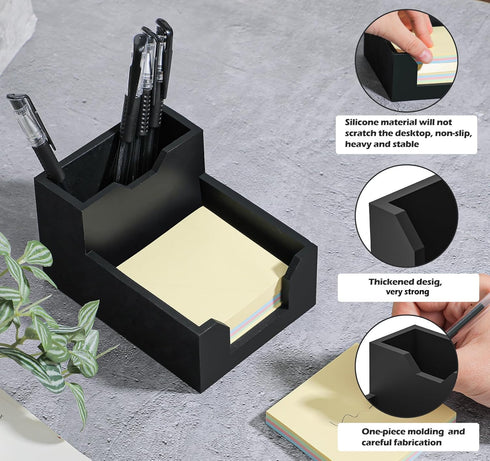 Black Sticky Note Holder, Silicone Memo Holder with Pen or Card Slots, Fits 3x3 Inches Sticky Notes, Dispenser