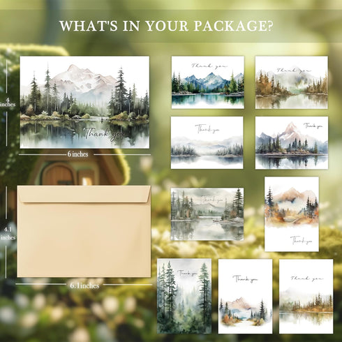 Thank You Cards Set of 20, 4x6 Inches Watercolor Nature Forest Cards with Envelopes for All Occasions
