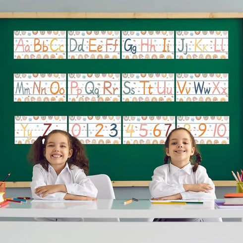 gisgfim 12 Pieces Alphabet Bulletin Board Strips Set, Boho Rainbow Alphabet Line ABC Banner & Number Border Posters for