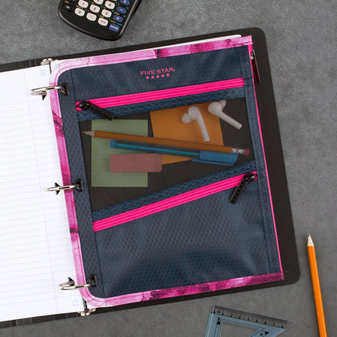 Five Star Pencil Pouch - 3-Pocket Pen Case for School Supplies, Fits 3 Ring Binder, Navy/Pink
