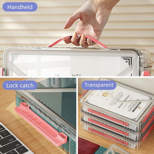 Marte Vanci Portable Project Case with Lid, Clear Plastic Storage Bin with Handle for A4 Letter Paper, Photo Crafts