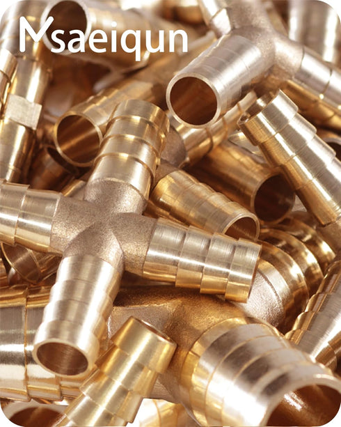Brass Hose Barb 4 Way Fitting 5/16" (8mm) Barb Splicer with Stainless Steel Pipe Clamps for Air Hose Repair