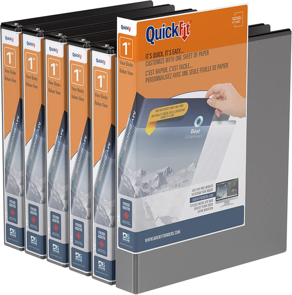 QuickFit View 3 Ring Binder, Angle D-Ring Binder with Clear-View Cover, 1 Inch Wide, Black, Pack of 6