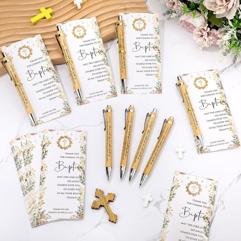Skyygemm 50 Sets Communion Baptism Favors for Guests First Baptism Quote Bamboo Pens Cross Thank You Cards Christian