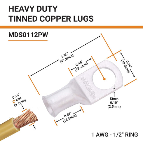 SELTERM 2pcs 1 AWG 1/2" Stud Tinned Copper Wire Lugs, Battery Lugs, Ring Terminals, 1 Gauge Connectors, UL Marine Grade