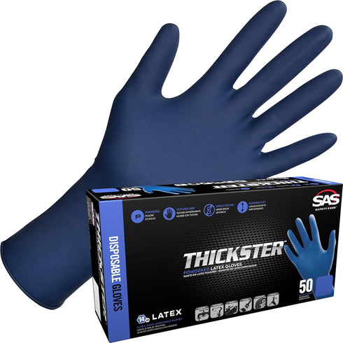 Thickster Powdered Latex Disposable Gloves, Size X-Large, Blue, 50 Pack, 14 mil Thickness, Fully Textured Grip