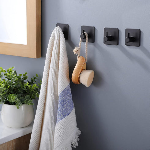 YIGII Adhesive Hooks/Towel Hook - Wall Hooks Stick on Hooks Heavy Duty for Hanging Towels/Coat/Hat/Bag in Bathroom, Bedroom, Dorm, SUS-304 Stainless Steel Matte Black 4 Packs by YIGII