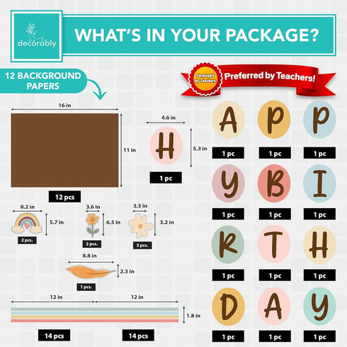 Decorably 97 Pcs Boho Classroom Birthday Chart for Classroom with Borders - Birthday Board Classroom, Birthday Bulletin Board Decorations, Happy Birthday Bulletin Board Set for Classroom by Decorably