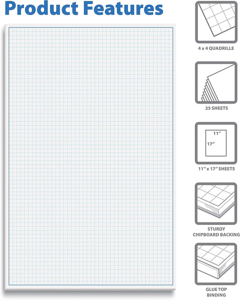 Better Office Products Graph Paper Pad, 17" x 11", 25 Sheets, Double Sided Blueprint Paper with Blue Line Border