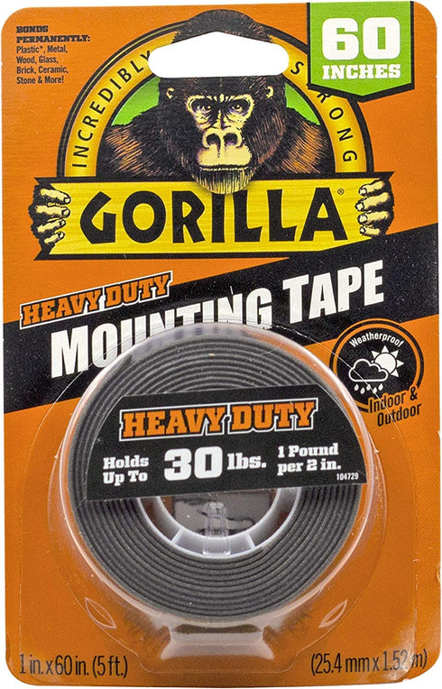 Gorilla Heavy Duty Double Sided Mounting Tape; Weatherproof; Black; 1" x 60" (Pack of 1)