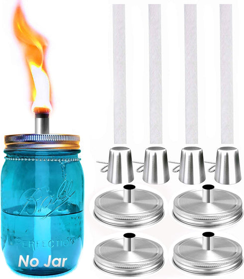 Mason Jar Tabletop Torch Kits, 4 Pack with Longlife Fiberglass Wicks and Stainless Steel Lids