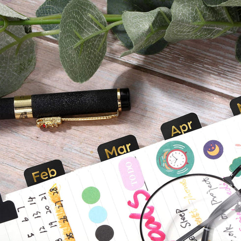 Outus 24 Pieces Monthly Adhesive Tabs for Planner, Designer Accessories Monthly Tabs Stickers for Notebook Planners