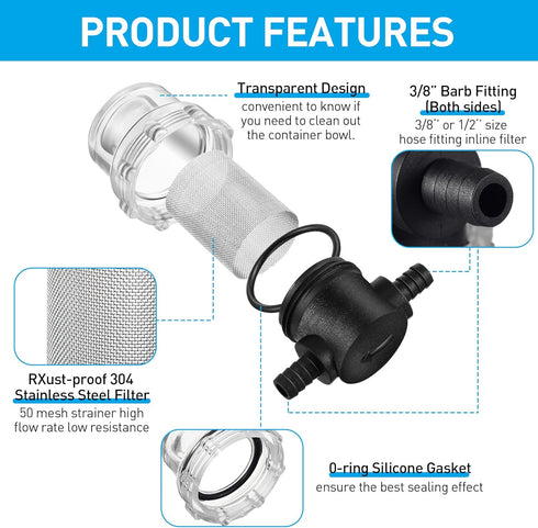 Water Pump Strainer, 3/8 Inch Hose Barb In-Line Filter for 12V DC Water Pump, Twist-On Sprayer