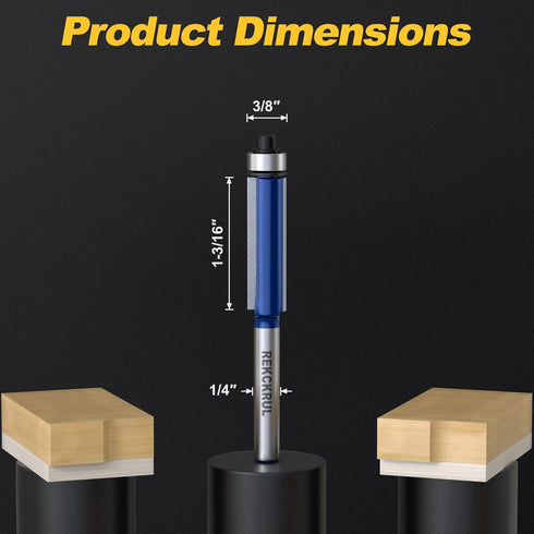 Set, 1/4 Inch Trimming, 1-3/16", 3/8" Professional Flush Trim Router Bit Shank Bottom Bearing, Carbide Tipped