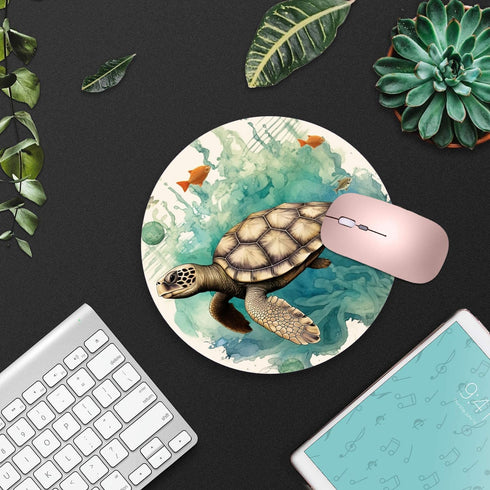 Round Mouse Pad with Coasters Set, Turtle World Map Design, Non-Slip Rubber Mousepad for Computers, Desk Decor