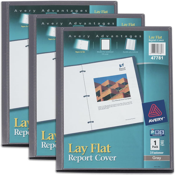 Avery Lay Flat Report Cover with 3 Plastic Fasteners, Clear Front Window, Holds up to 50 Sheets, 3 Gray Covers (47781)