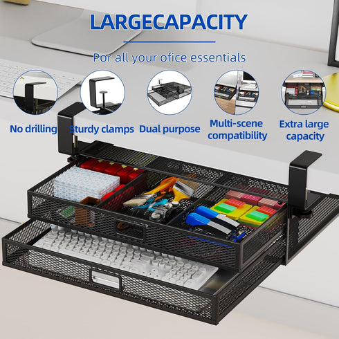 Extra Large Under Desk Drawer Organizer, No Drill Metal Storage Container with 2 Slide Out Cabinet Drawers for Home