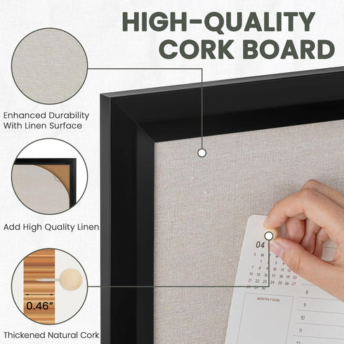 Bulletin Board Cork Board with Linen, 100% Wood Framed 30" x 20", Wall Mounted Fabric Picture Board with 10 Pushpins