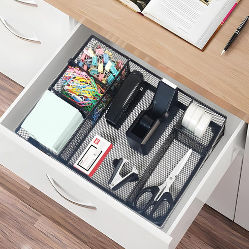 Black Office Desk Accessories Set, Desk Drawer Organizer with Stapler, Tape Dispenser, Scissors, and Sticky Notes
