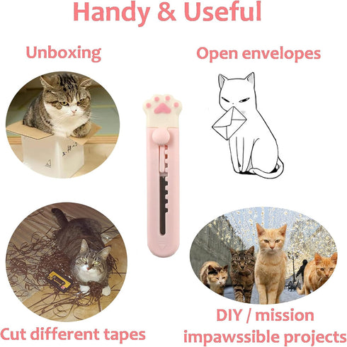 Kawaii Cat Paw Box Cutter, 2 pcs Mini Pocket Knife and Letter Opener for Cat Lovers, White Pink & White