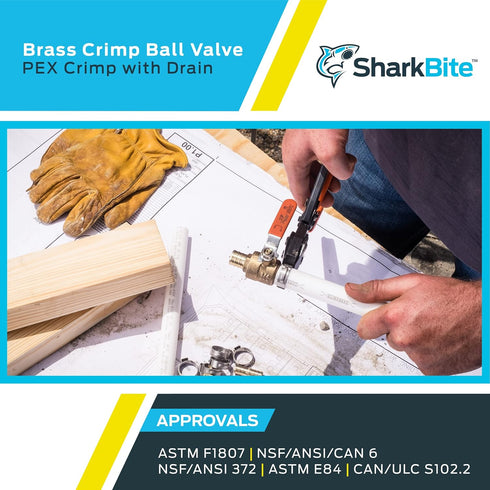 SharkBite 3/4 Inch Crimp Ball Valve with Drain - Brass Plumbing Fitting for PEX Pipe, PE-RT, 24613LFA
