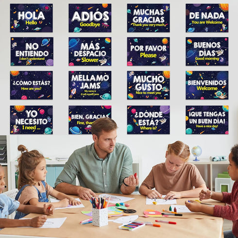 gisgfim 16 Pcs Spanish Words and Phrases Poster Set, Bulletin Board Study Spanish Classroom Decoration for Teachers
