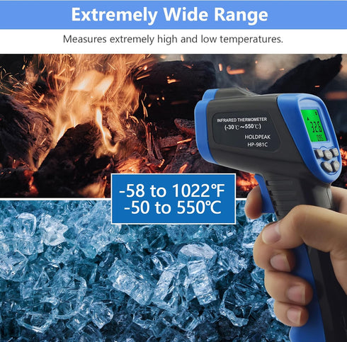 HOLDPEAK 981C Digital Laser Infrared Thermometer - Non Contact IR Heat Temperature Gun for Cooking and Grill