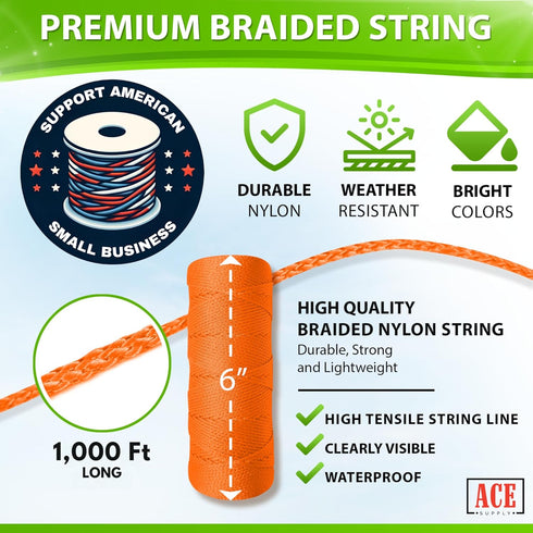 Orange Mason Line String Line - #18 Braided Nylon String - 1,000 Ft Length - Nylon Twine for Gardening Or Masonry Tools - Perfect Construction String for A String Level, Twine String for Gardening by ACE Supply