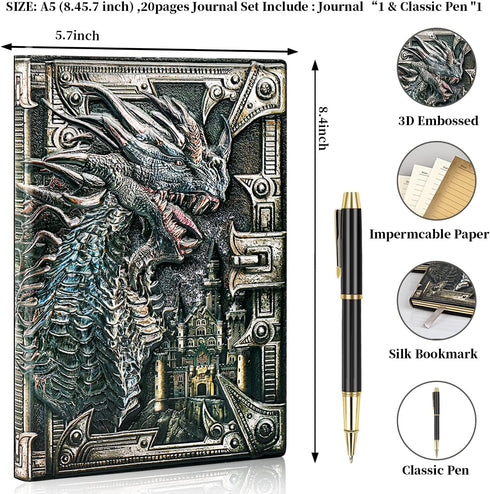 DND Dragon Notebook 3D Embossed Leather Journal with Black Ballpoint Pen &Pen Sleeve,A5 Vintage Travel Diary D&D Writing Notebook for Women&Men (Colorful) by LongLongJin