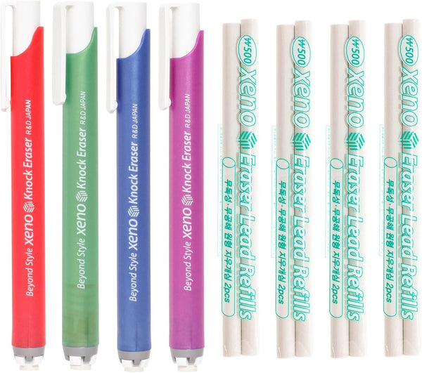 Xeno Retractable Click Knock Erasers, 4 Erasers and 8 Assorted Color Refills Bundle