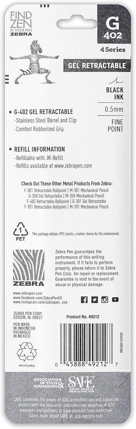 Zebra Pen G-402 Gel Pens 2-Pack, Black Ink, 0.5mm Fine Point, Stainless Steel Barrel, Comfortable Grip