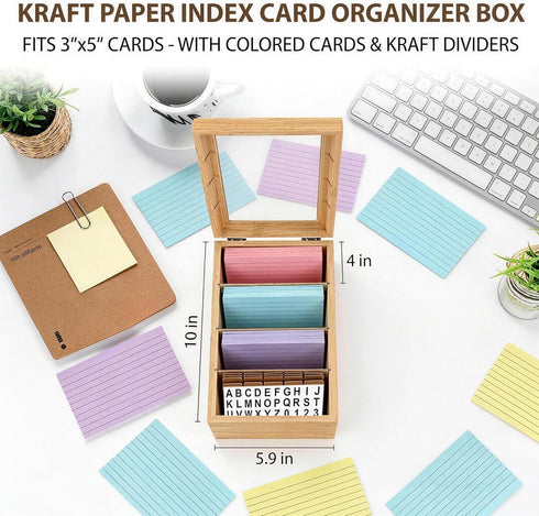 Zonvium 3x5 4 1200 Bamboo Index Card Holder, Bamboo Index Note Business Card Box with Lid, Recipe Box with Lid