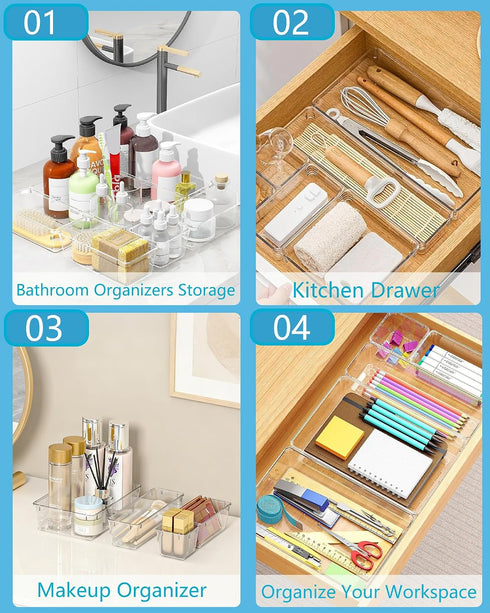 Asnews Set 60, 4-Size Clear Drawer Organizers of Vanity Organizer Trays, Stackable Bathroom & Desk Drawer Organizer