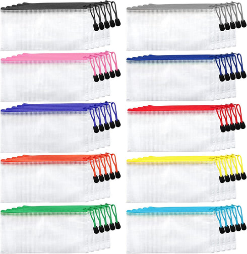 Hedume 50 Pack 10 Colors Zipper Mesh Pouch, Waterproof Plastic Zip File Bags for Travel and Office Supplies