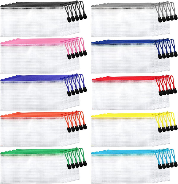 Hedume 50 Pack 10 Colors Zipper Mesh Pouch, Waterproof Plastic Zip File Bags for Travel and Office Supplies
