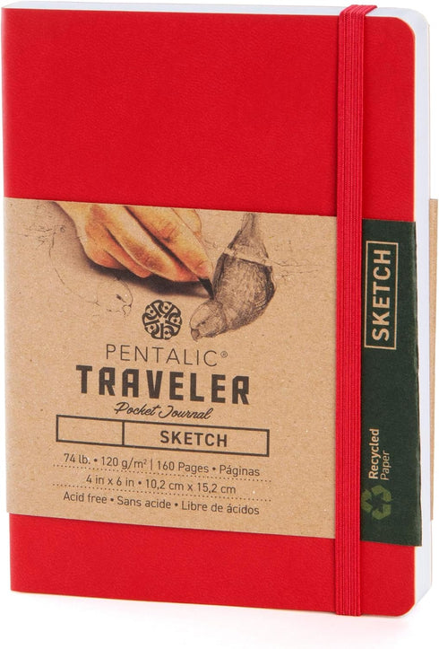 Pentalic Pocket Sketchbook Traveler Journal, 4" x 6", Red, 160 Pages
