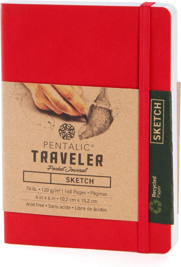 Pentalic Pocket Sketchbook Traveler Journal, 4" x 6", Red, 160 Pages