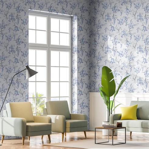 17.7"x118" Blue Grey Floral Peel and Stick Wallpaper, Iris Flower Bouquet Mural for Bedroom Nursery