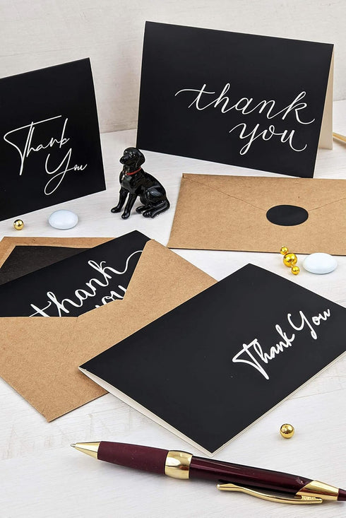 T&M Quality Designs LLC 100 4 4x6 Inch Black Thank You Cards with Brown Kraft Envelopes and Stickers - Designs Bulk