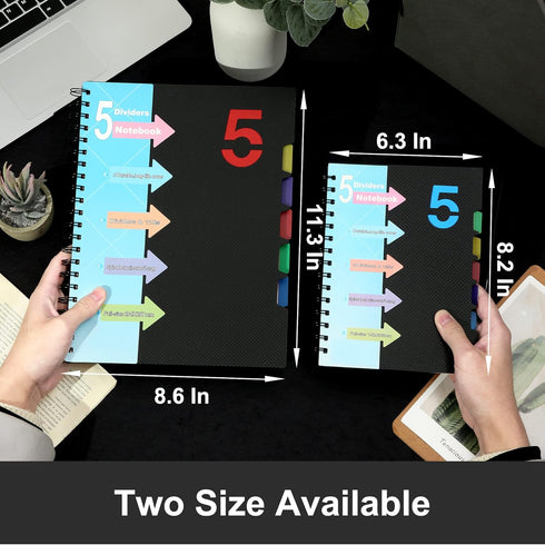 CAGIE 5 Subject Notebook with Dividers, 8.5 x 11, Hardcover A4 Spiral Bound Journal for School, 220 Pages, Black