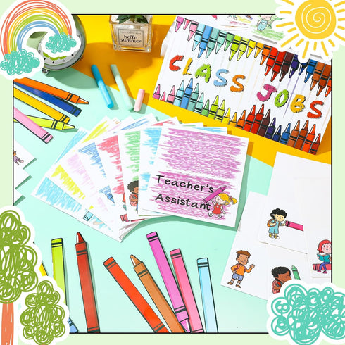 AmazingSpark 98 Set 60 Pcs Crayon Jobs Chart Colorful Bulletin Board Teacher's Helper Chalkboard Decor Bright Jobs